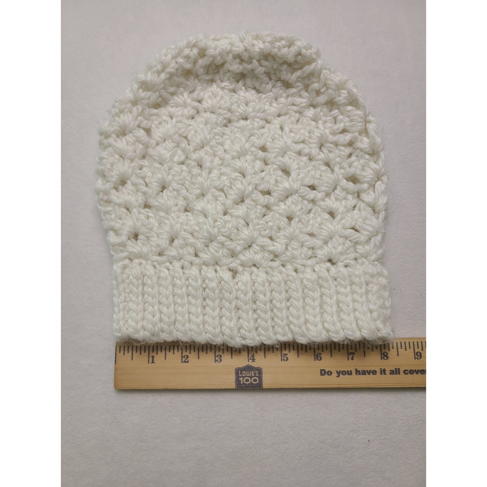 Women's Beanie Boho Crochet Shell Stitch Cream White Winter Knit Hat Handmade